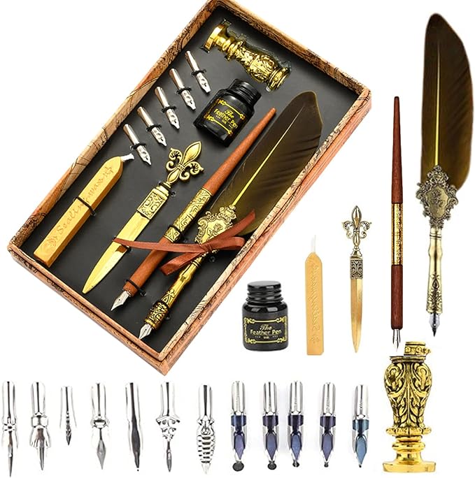 Joyeee Real Feather Quill Pen and Ink Set, Include Sealing Wax Stamp Kit for Wedding, Wooden Calligraphy Dip Pens, 17 Replacement Nibs, Wax Seal Stick for Stamp Seals, Dark Yellow