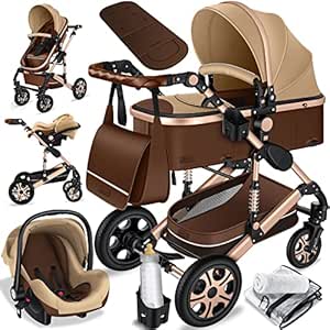 KESSER® Loops 3 in 1 Kinderwagen Kombikinderwagen Komplett-Set inkl. Babywanne & Buggy Sportsitz & Auto-Babyschale Voll-Gummireifen Wickeltasche Regenschutz Kindertisch ECE R129, Braun/Champagne