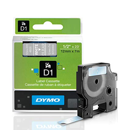 DYMO Standard D1 45020 Labeling Tape (White Print on Clear Tape, 1/2'' W x 23' L, 1 Cartridge), DYMO Authentic
