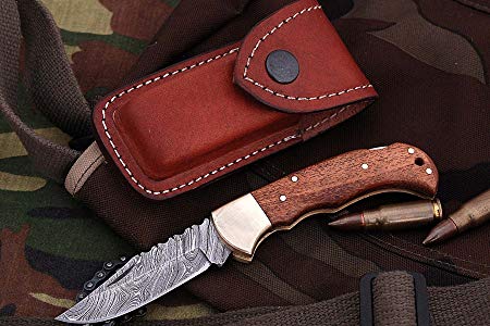 Poshland Knives FN-9003, Custom Handmade Damascus Steel 6.5 Inches Folding Knife - Beautiful Wallnut Wood Handle with Brass Bolster
