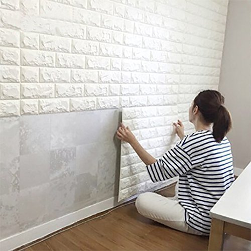 10PCS 3D Brick Wall Stickers PE Foam Self-adhesive Wallpaper Peel and Stick 3D Art Wall Panels for Living Room Bedroom Background Wall Decoration(White)