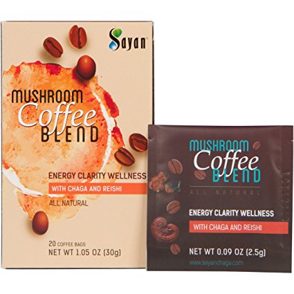 Sayan Mushroom Coffee Blend 20 Packets (0.09oz/2.5g each) 100% Organic Arabica Colombian | Organic Reishi & Siberian Chaga Extract | Powerful Immune Support Antioxidant Drink | Concentration & Focus