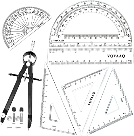 Geometry School Set,with Quality Compass, Drawing Compass,Protractor, Set Squares,7 pcs-Black