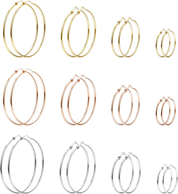 Milacolato 12 Pairs Stainless Steel Endless Hoop Earrings for Women Girls Silver/Gold/Rose-gold/Black Tone 30/40/50/60mm