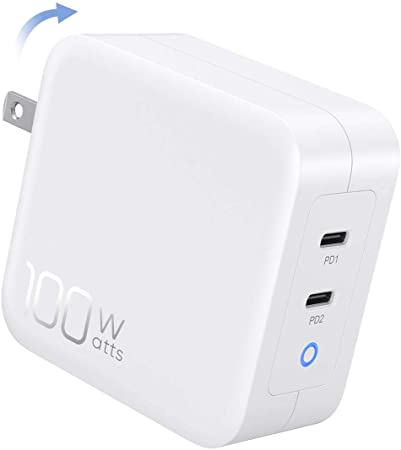 USB C Charger Foldable, JSAUX 100W USB Type-C Power Adapter PD Fast Wall Charger, Ultra Compact Laptop Charger Plug with Dual USB-C Port Compatible with MacBook Pro 16" 15" 13" / Air, iPad Pro-White