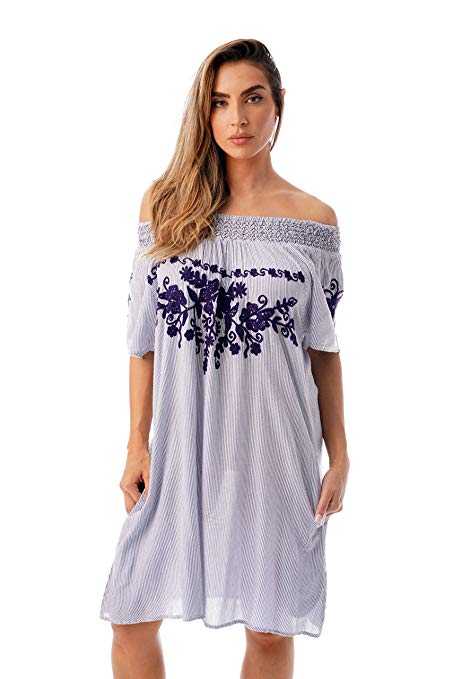 Riviera Sun Off Shoulder Short Dress w/Embroidery Bathing Suit Cover Up