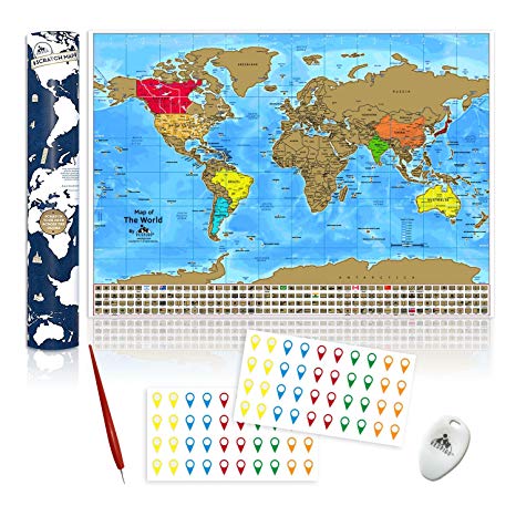 Scratch The World Map (84.1 x 59.4 cm). Scratch And Track Countries Visited. With US States and Cities