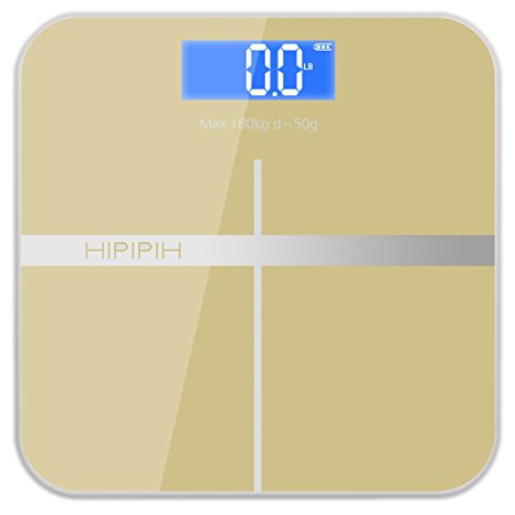 Hippih Digital Body Weight Scale with Step-On Technology Easy-to-Read Measures Weight 400lb/180kg AAA Glass Square 005 (Gold)