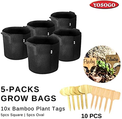 Yosogo 5-Pack Grow Bags (Comes with 10 Bamboo Tags) Premium Breathable Nonwoven Fabric Pots - Strong and Highly Durable (7 Gallon)