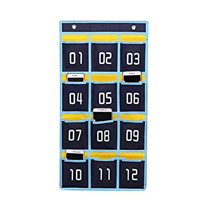 Lecent@ Classroom Pocket Chart for Cell Phones Business Cards 12 Pockets Wall Door Closet Mobile Hanging Storage Bag Organizer with Hooks (Without number) (Without number)