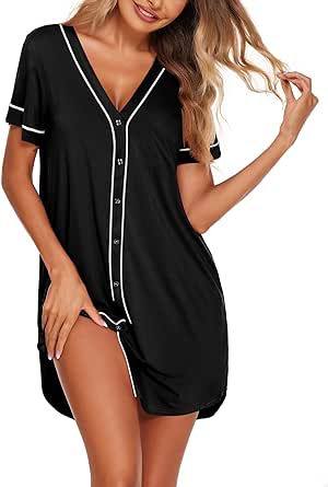 Ekouaer Womens Nightgown Button Down Sleep Shirts Short Sleeve Nightshirt V-Neck Sleepdress Soft Sleepwer