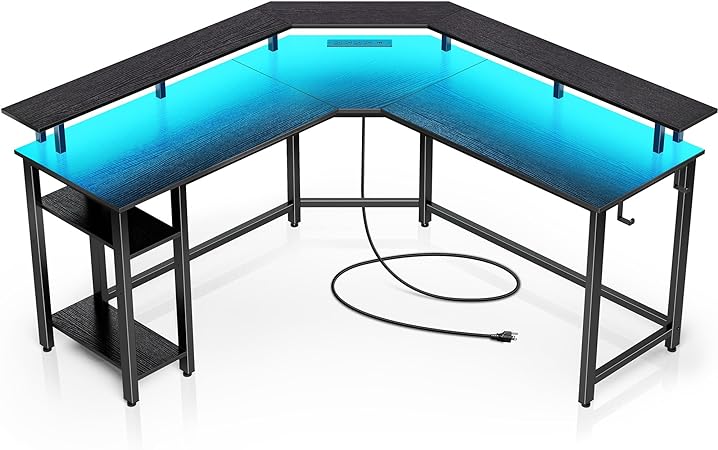 Rolanstar Computer Desk 56" with Power Outlets USB Ports & LED Strip,Reversible L Shaped Desk with Monitor Stand & Storage Shelf,L Shaped Gaming Desk with Hooks,Home Office Desk, Black