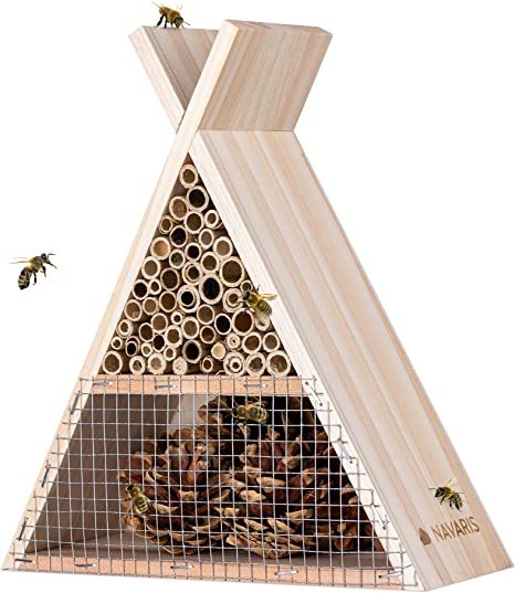 Navaris Wood Insect Hotel - 8.8" x 8.2" x 3.1" - Natural Wooden Bee Insect Home - Garden Shelter Wood Nesting Habitat - Bees and Other Insects