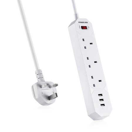 Poweradd 3-Outlet & 3 USB Output Extension Lead Power Strip, Surge Protector Power Socket With 5.9ft Power Cord, USB Charging Ports for Smartphones, Tablets, Desk Lamps, Computers, and More Devices (White, 3 AC & 3 USB)