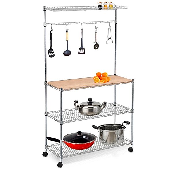 Yaheetech 4 Tier Stainless Steel Metal Wire Kitchen Bakers Rack Kitchen Workstation Storage Shelf Carts Hanging Pot Rack and Cutting Board on Wheels