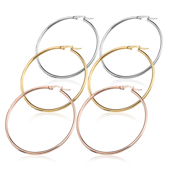 FIBO STEEL 3 Pairs Stainless Steel Hoop Earrings Set for Women 40-60mm