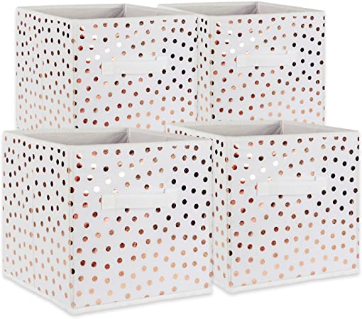 DII Fabric Storage Bins for Nursery, Offices, & Home Organization, Containers Are Made To Fit Standard Cube Organizers (11x11x11") White with Copper Dots - Set of 4
