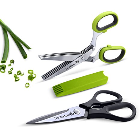 Kitchen Scissors - Heavy Duty Kitchen Shears Come With Bonus 5 Blade Herb Scissors And Cleaning Comb - Shear Genius Scissor Set Features Stainless Steel Blades, an Ergonomic Design and Soft Grip Rubber Handles