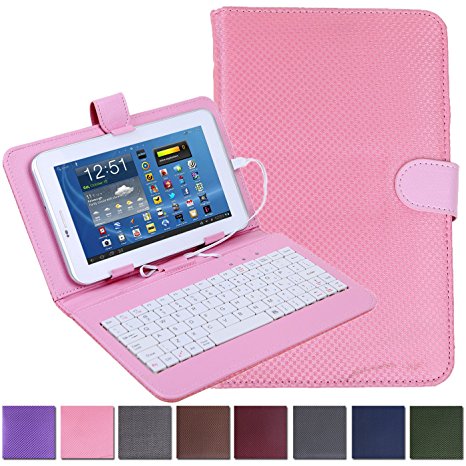 HDE Diamond Stitch Hard Leather Folding Folio Case Cover with Micro USB Keyboard for 7" Tablet (Pink)