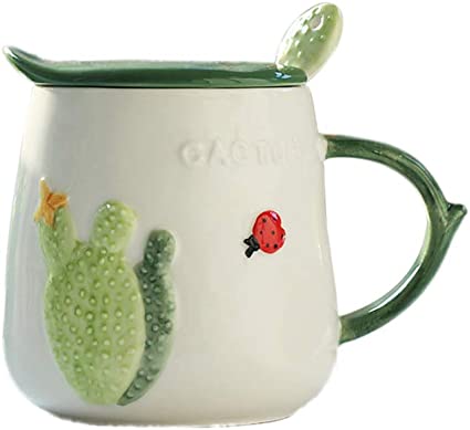 DOITOOL Coffee Cup,450ML Creative Cactus Ceramics Mug Cup Portable Large Capacity Juice Cup Milk Cup with Lid and Spoon (Cactus)