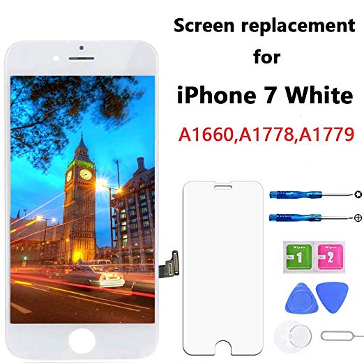for iPhone 7 Screen Replacement White 4.7 Inch LCD Display Touch Screen Digitizer Replacement with Repair Kit and Screen Protector (7-White)