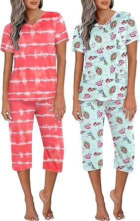 Ekouaer 2 Pack Women's Sleepwear Capri Pajama Sets Short Sleeve Two-Piece Pjs V Neck Tops & Capri Pants with Pockets S-3XL