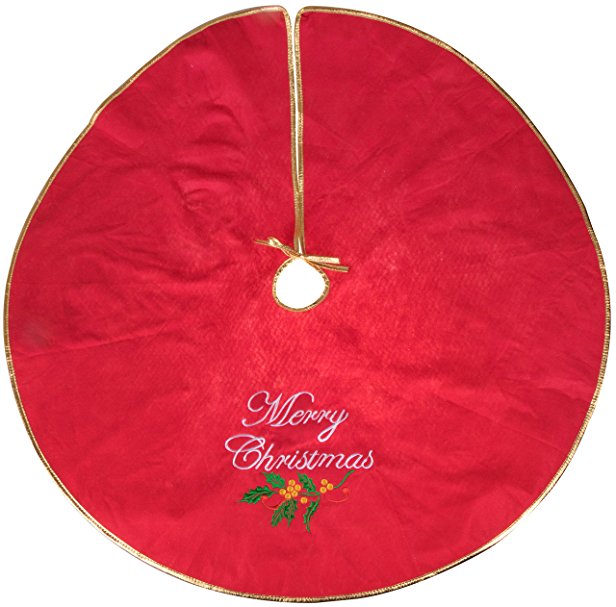 Merry Christmas Embroidered Tree Skirt by Clever Creations | Red, White and Green | Festive Holiday Design | Traditional | Tie Closure | Helps Contain Needle and Sap Mess on Floors | 40" Diameter