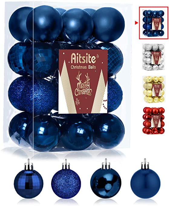 Aitsite 24ct Christmas Tree Ornaments Set 1.57 inches Mini Shatterproof Holiday Ornaments Balls for Christmas Decorations, Navy Blue