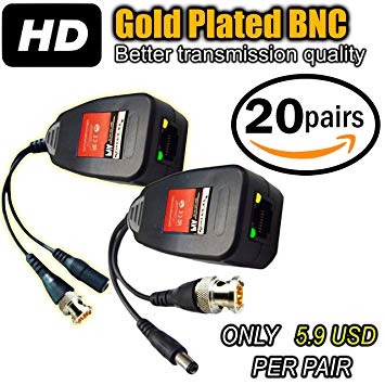 UTP balun hd Ventech cat5 to bnc video baluns transceiver passive with power connector compatible with all CCTV technologies( analog AHD TVI CVI ntsc pal ) 20 PAIRS rj45 75 ohn connectors