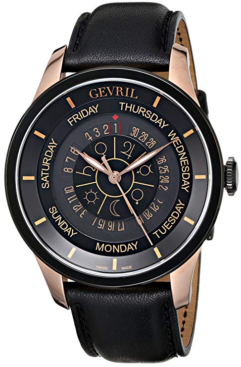 Gevril Columbus Circle Mens Swiss Automatic Black Leather Strap Watch, (Model: 2004)