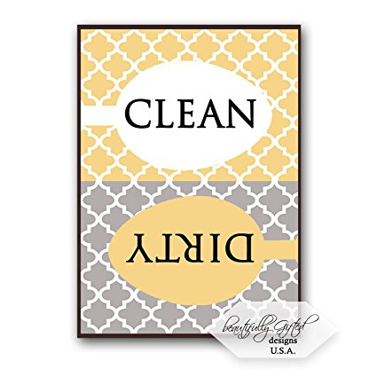 Clean Dirty Dishwasher Magnet Sign for Dishes - Elegant Quatrefoil Moroccan Trellis Modern Pattern - Grey Yellow - 2.5 x 3.5 - Housewarming and Gag Gift Idea / Stocking Stuffers for Men Women & Teens