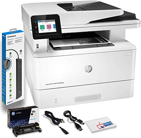 HP Laserjet Pro MFP M428fdw Wireless Monochrome Laser All-in-One Printer, Copier, Scanner, Fax, W1A30A#BGJ with Power Strip Surge Protector   Electronics Basket Microfiber Cleaning Cloth