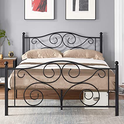 VECELO Metal Bed Frame with Headboard and Footboard, Iron Mattress Foundation No Box Spring Needed, Heavy Duty/Easy Set Up, Full, Black