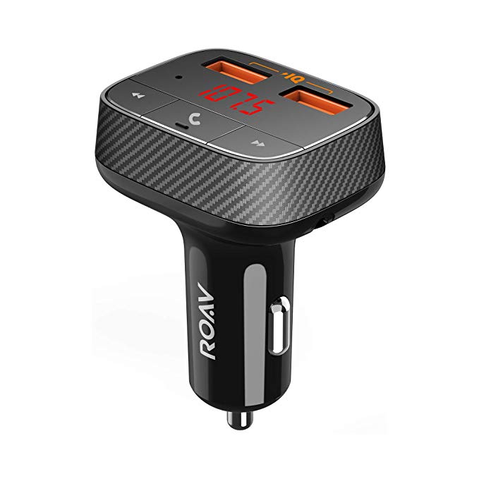 Roav by Anker, SmartCharge F0 FM Transmitter/Bluetooth Receiver/Car Charger with Bluetooth 4.2, 2 USB Ports, PowerIQ, and AUX Output