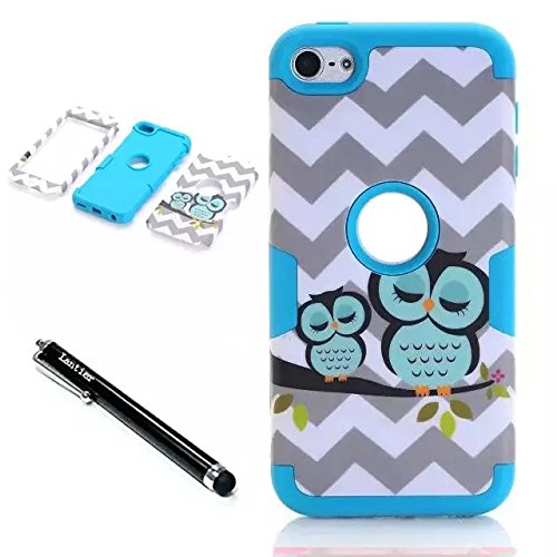 iPod Touch 6th Generation Case,Lantier 3 Layers Verge Hybrid Soft Silicone Hard Plastic TUFF Triple Quakeproof Drop Resistance Protective Case Cover with Stylus Waves Owl/Blue