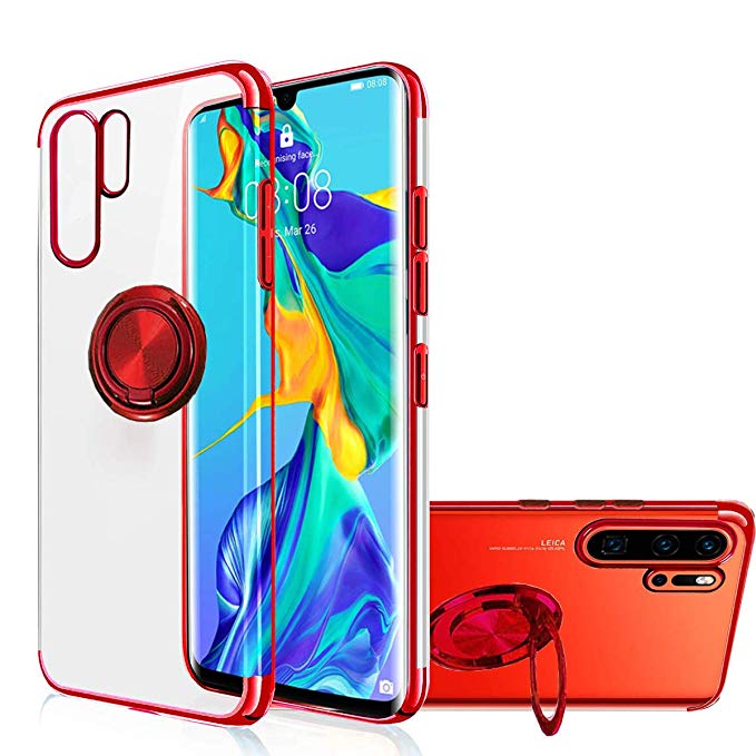 Huawei P30 Pro Case, [360° Ring Stand] Crystal Clear [Electroplated Metal Technology] Silicone Soft TPU [Shockproof Protection] Thin Cover Compatible with Huawei P30 Pro (Red, P30 Pro)