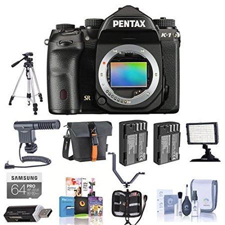 Pentax K-1 Digital SLR Camera Body - Bundle With Camera Case, 64GB SDHC U3 Card, 2X Spare Batteries, Tripod, Video Light, Cleaning Kit, Memory Wallet, Shot Gun Mic, Software Package And More