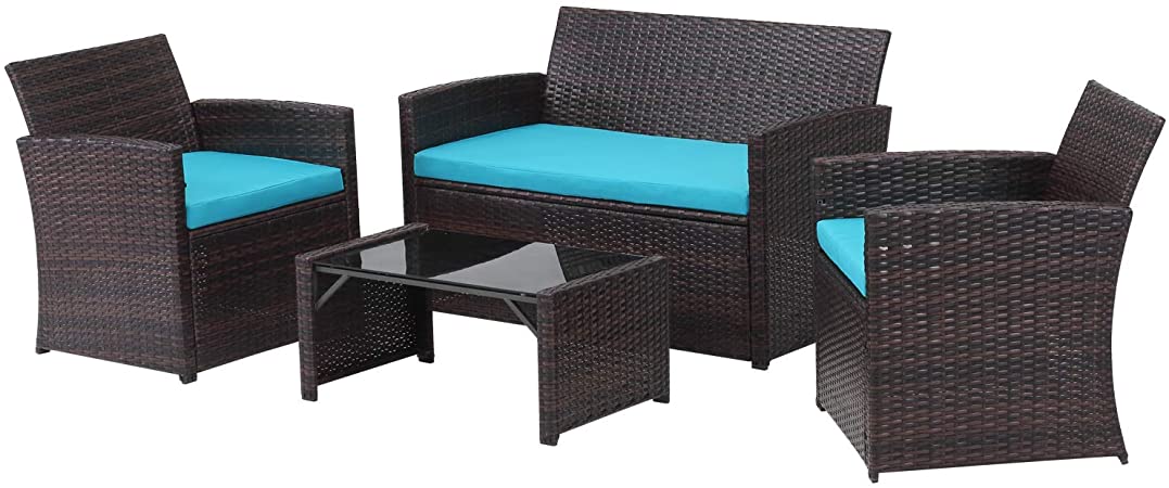 4 Pieces Outdoor Patio Furniture Set Brown Wicker Rattan Cousioned Sectional Conversation Sofa with Coffee Tea Table for Backyard Porch Garden Poolside Balcony Blue