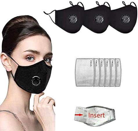 Adults Face Bandanas with Breathing valve   Activated Carbon Filter Replaceable, Haze Dust Face Health (3pcs   6 Filter, Black)