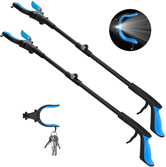 2-Pack Grabber Reacher Tool with Light, 32" Extendable Pickup Trash Grabber, 90°Rotating Anti-Slip Jaw, Grabbers for Elderly, Durable Stick, Magnet Tip (Blue)