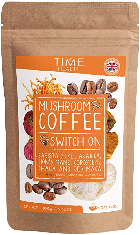 Mushroom Coffee Blend (Instant) - 100g - 40 Servings - Arabica Coffee, Lion's Mane, Cordyceps, Chaga, Red Maca, Theanine, Bacopa & Resveratrol - Natural Energy & Focus - Vegan - UK Made