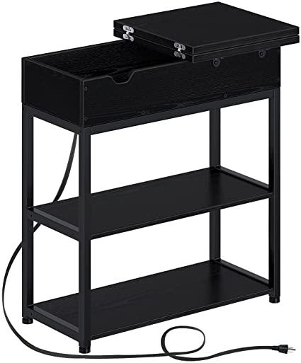 Rolanstar End Table with Charging Station, Narrow Flip Top End Side Table with Storage Shelf and USB Ports & Power Outlets for Small Spaces, Nightstand Sofa Table for Living Room, Bedroom Black