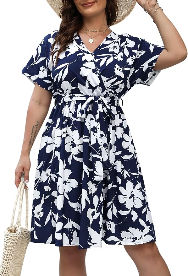 Nemidor Womens Casual Plus Size Summer Boho Swing Wrap Dress Floral Print with Pockets NEM295