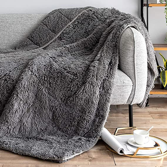 Sivio Luxury Shaggy Longfur Weighted Blanket 15lbs | Snuggly Fuzzy Faux Fur Heavy Warm Elegant Cozy Plush Sherpa Microfiber Blanket | for Couch Bed Chair Photo Props - 48"x72", Grey