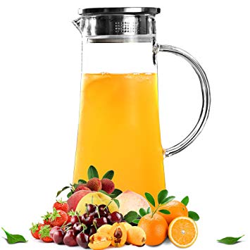 Cupwind 51 oz Glass Pitcher, Hot/Cold Water Carafe, Juice/Ice Tea Pitcher with Stainless Steel Lid & Strainer