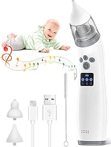 Aspirador Nasal Eléctrico, Aspirador Nasal para Bebe, Limpieza Nasal Bebe con 3 Niveles de Succión y 2 Boquillas de Silicona, Música Suave para recién nacidos y niños pequeños,Gris