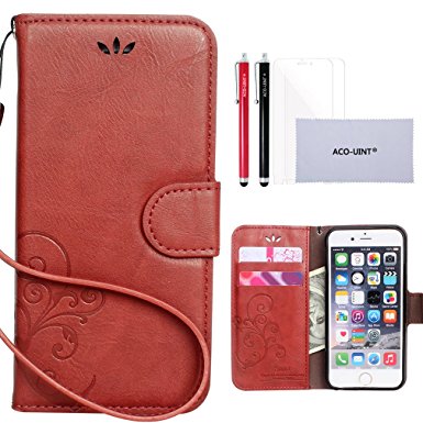 iPhone 6 Case, iPhone 6 Wallet Case, iPhone 6 Case Leather, ACO-UINT Premium Vintage Emboss Flower Flip Wallet Leather Magnetic Closure Cover Skin Case for iPhone 6 4.7 Inch with Card Slots, Cash Compartment and Detachable Wrist Strap, Two Stylus Pens/2 Screen Protector/Microfiber Cleaning Cloth Included (dark brown)