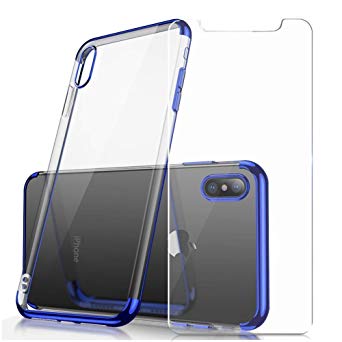 Crystal Clear TPU Cover iPhone Case (Supports Wireless Charging), Protective Back Case with Soft Shock Absorption Bumper and Tempered Glass Screen Protector Set for iPhone XR (Blue)