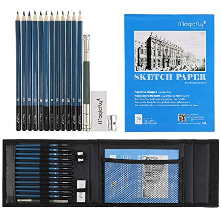 Magicfly 17 Pcs Sketch Pencils Set, Professional Art Sketching Pencils Set Fine Point Lead Graphite & Charcoal Pencils For Artist Drawing Shading