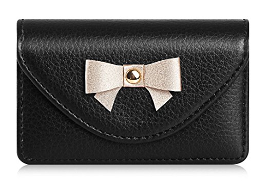 FYY 100% Handmade Premium Leather Business Name Card Case Universal Card Holder with Magnetic Closure (Hold 30 pics of cards) Black